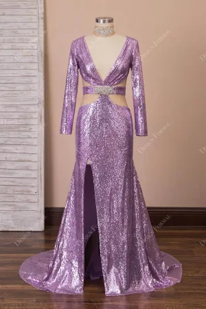Crystals Lilac Sequin Sexy Plunging Neck Cut Out Slit Mermaid Dress