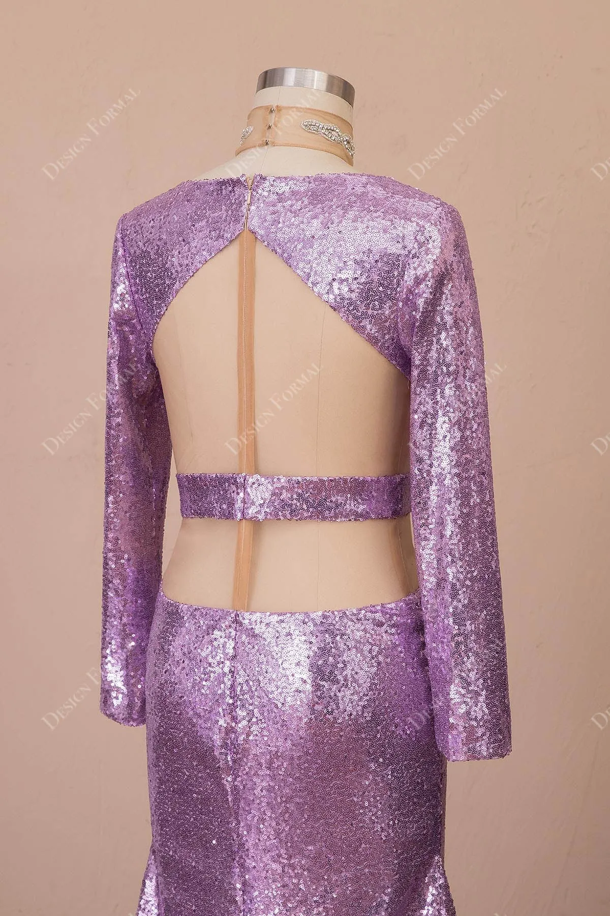 Crystals Lilac Sequin Sexy Plunging Neck Cut Out Slit Mermaid Dress