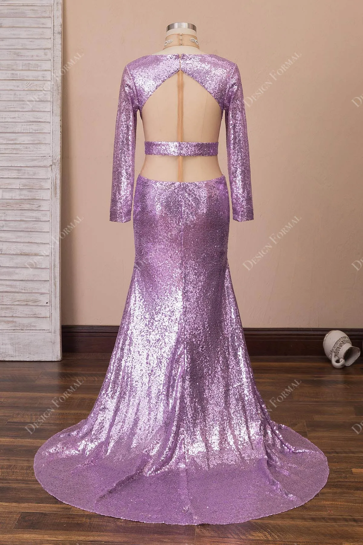 Crystals Lilac Sequin Sexy Plunging Neck Cut Out Slit Mermaid Dress