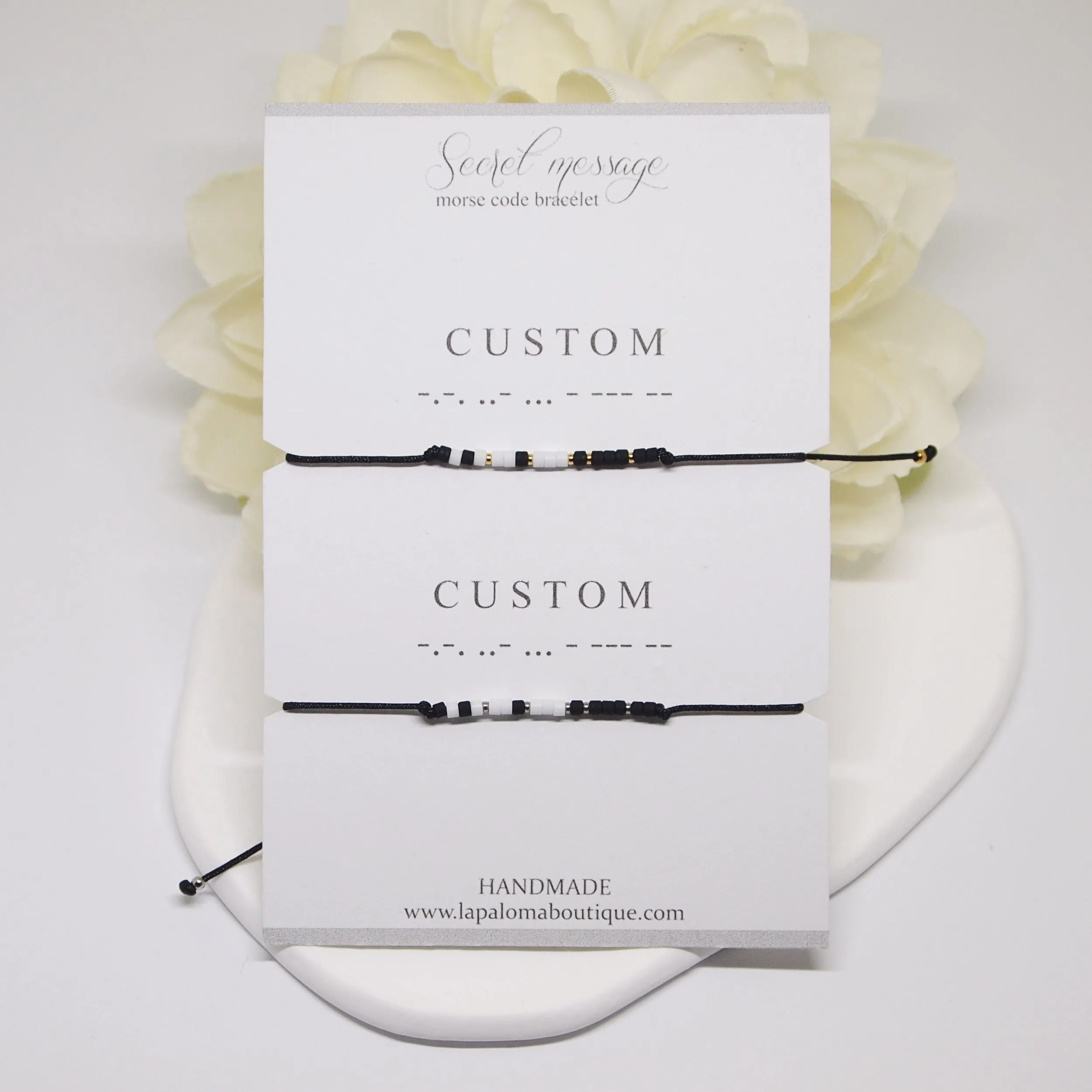 Custom morse code bracelets in black and white