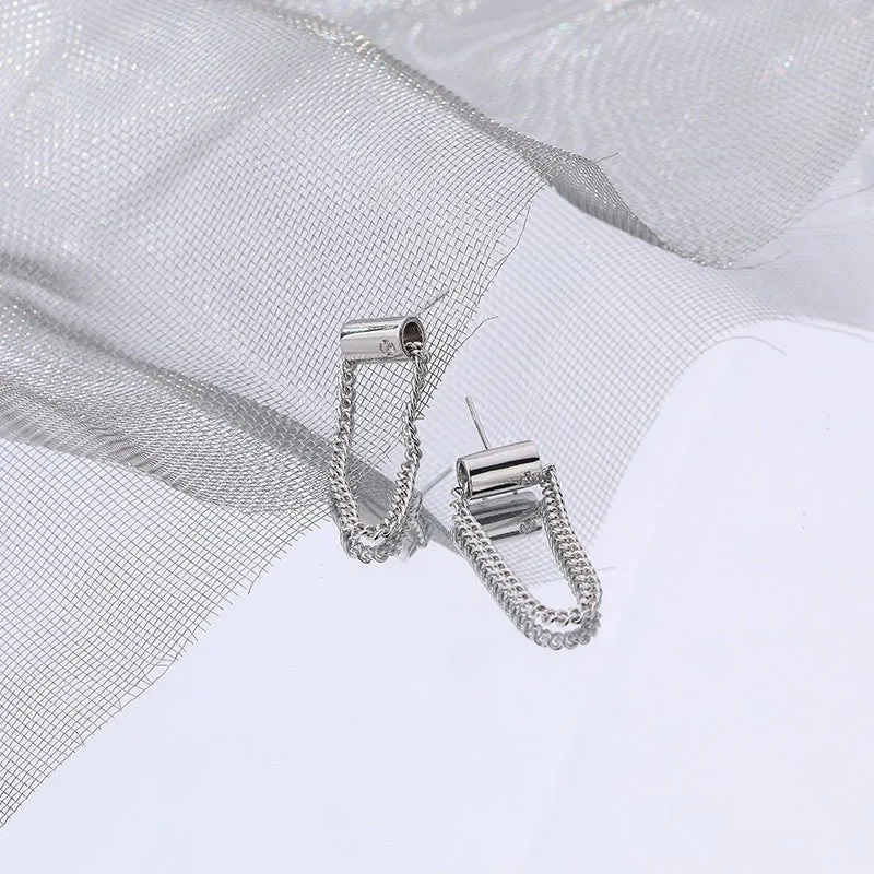 Cylindrical Chain Stud Earrings 925 Sterling Silver