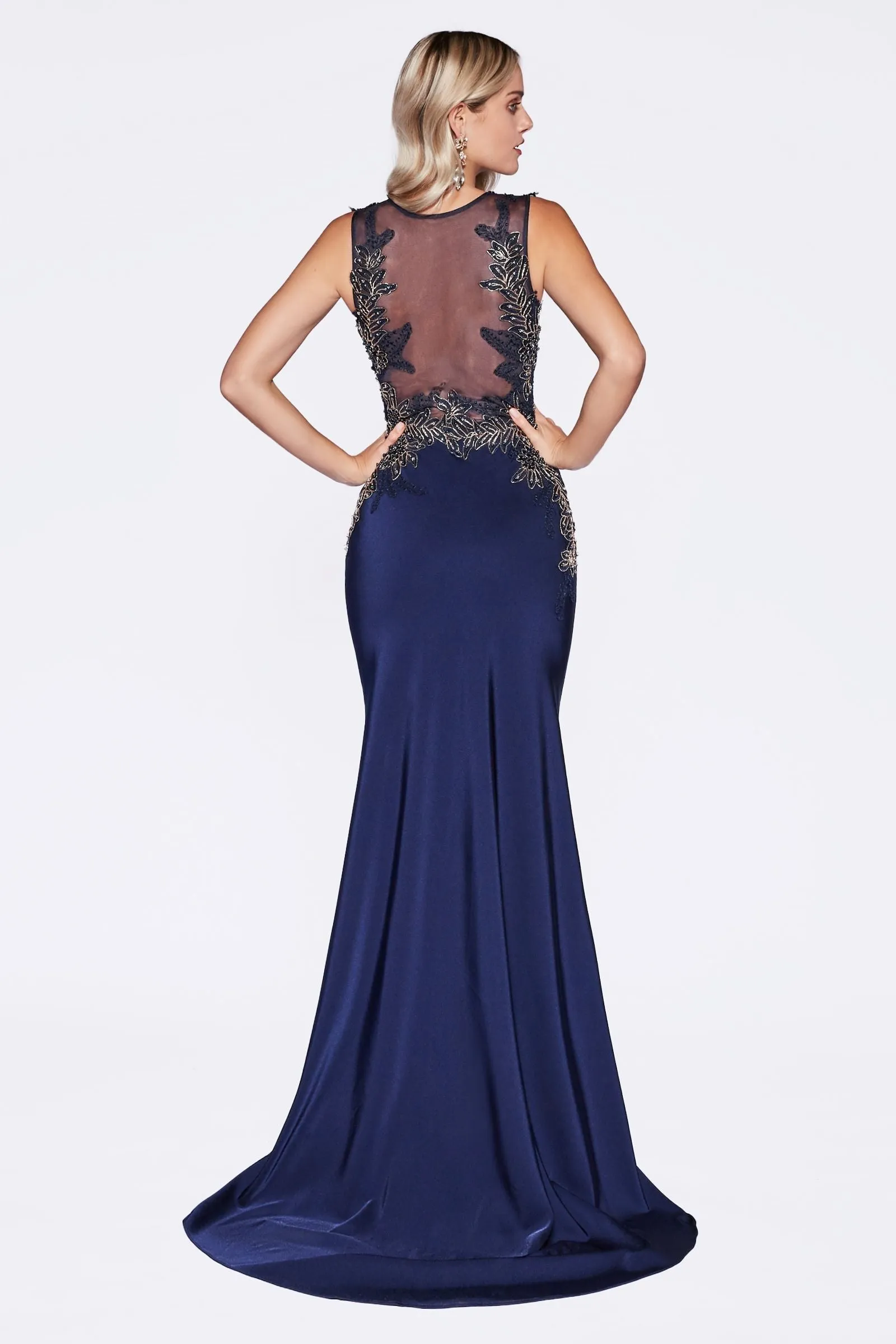 Fitted Satin Gown with Beaded Lace Details