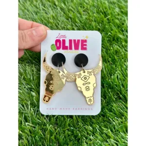 Gold Etched Bull Skull Mirror Dangle Earrings