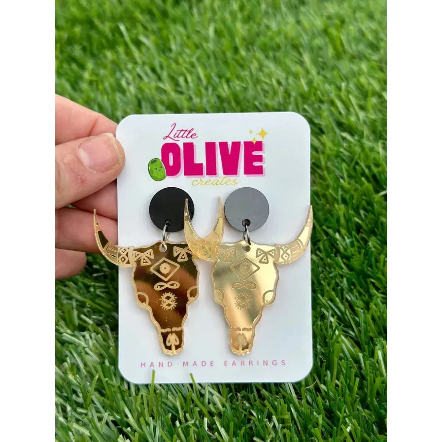 Gold Etched Bull Skull Mirror Dangle Earrings