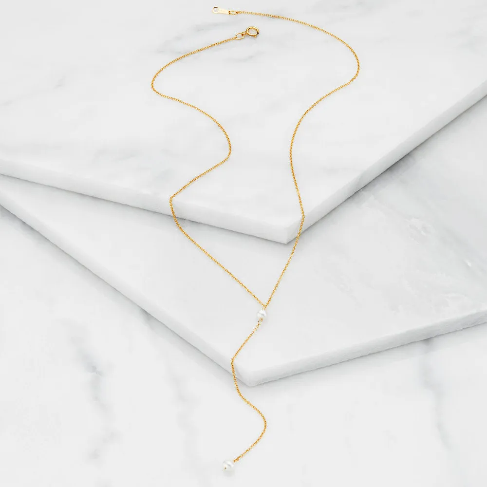 Gold Pearl Lariat Necklace