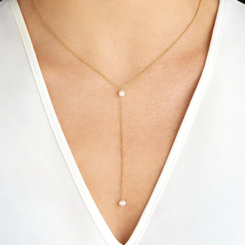 Gold Pearl Lariat Necklace