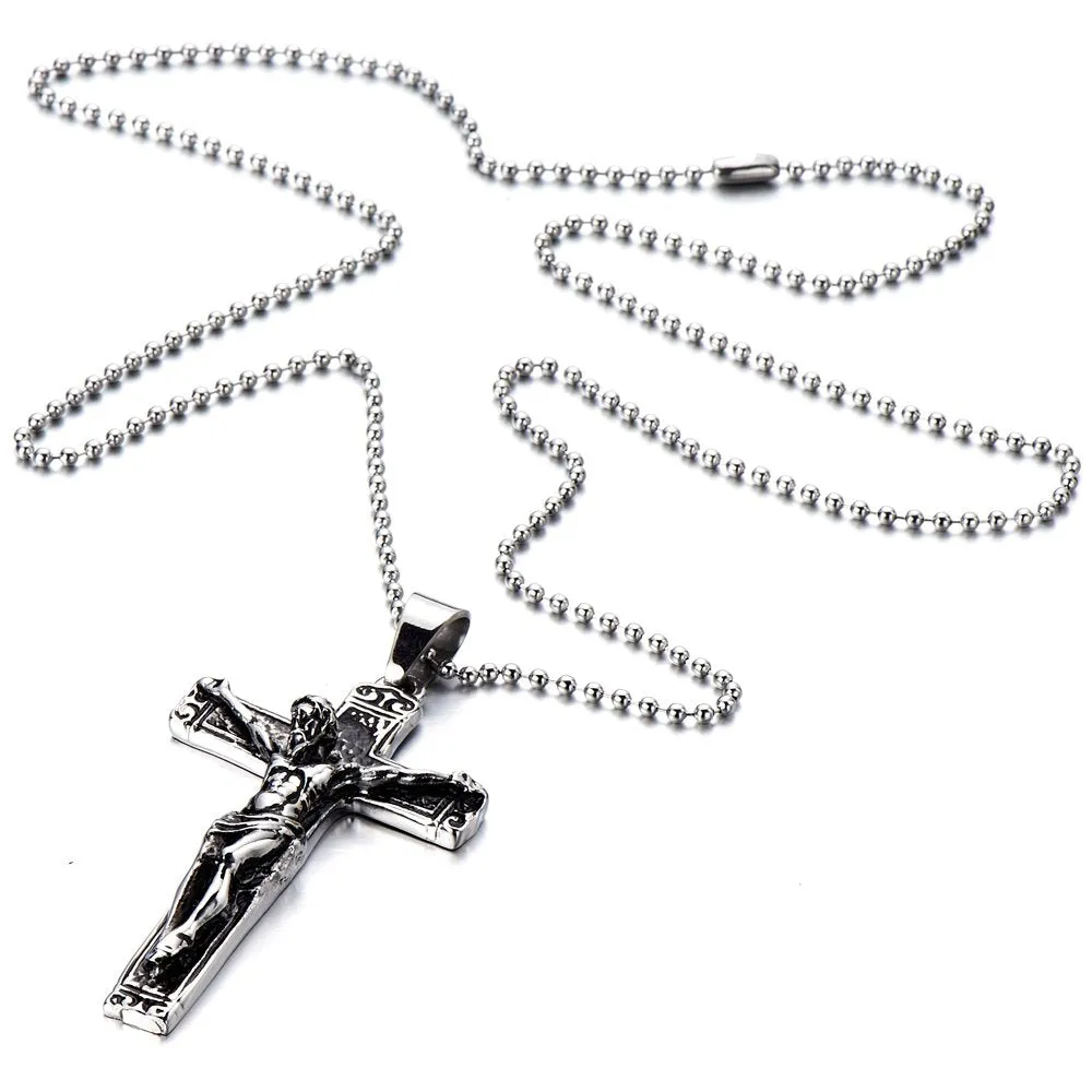 Gothic Crucifix Cross Pendant Necklace for Men and Women, Stainless Steel Design with 30-Inch Steel Ball Chain for a Bold, Timeless Look