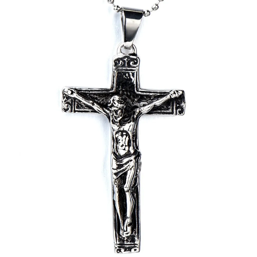 Gothic Crucifix Cross Pendant Necklace for Men and Women, Stainless Steel Design with 30-Inch Steel Ball Chain for a Bold, Timeless Look