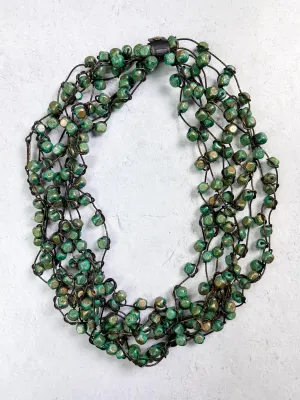 Hand Painted 8 Strand Chunky Wood Beads on Leatherette Necklace, Green/Gold