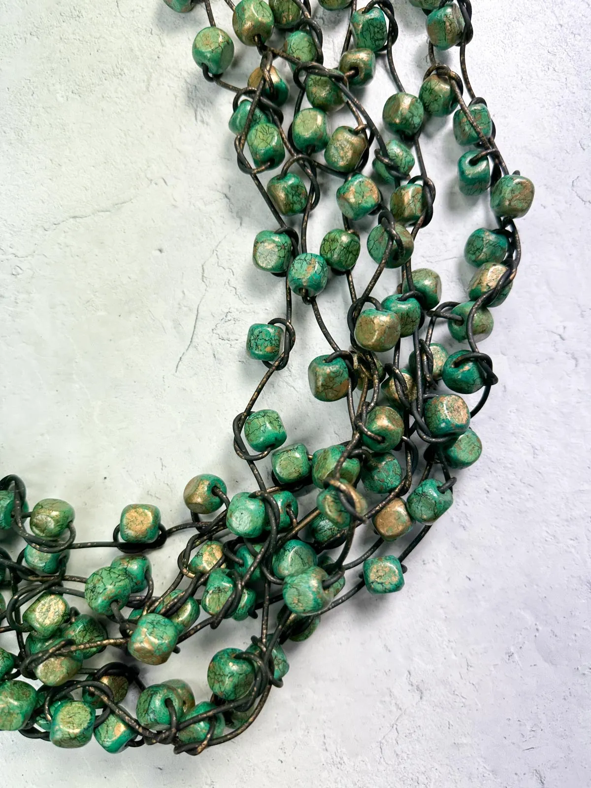 Hand Painted 8 Strand Chunky Wood Beads on Leatherette Necklace, Green/Gold