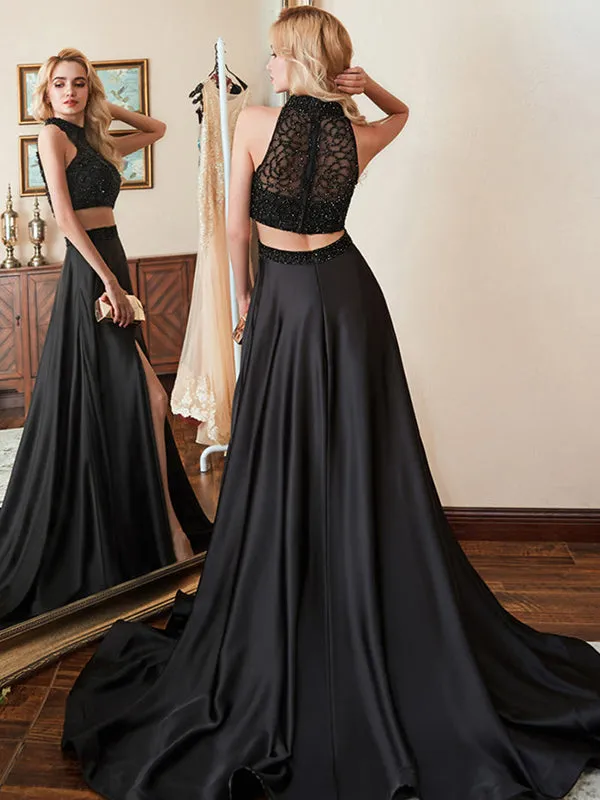 High Neck Beaded Crystal Shiny Smooth Stretch Satin Two Piece Prom Dresses With Slit