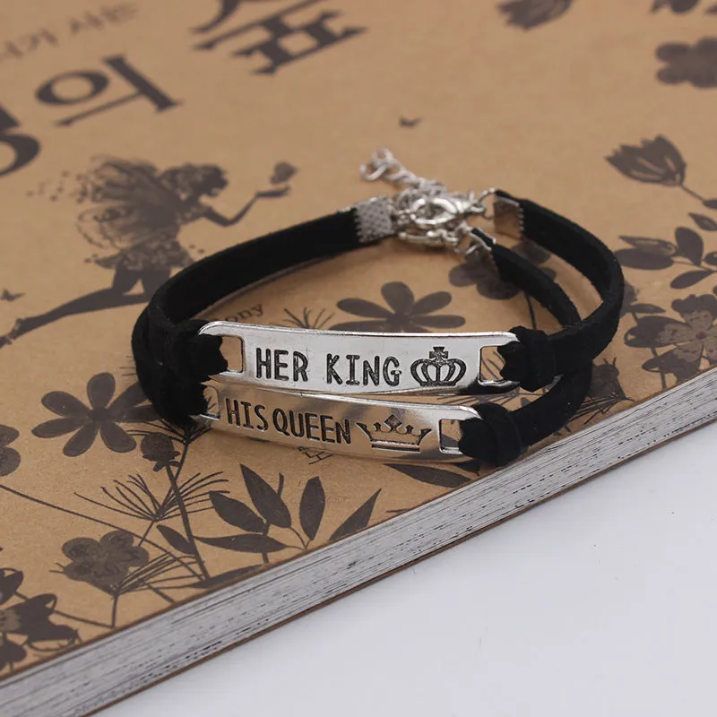 His Queen Her King Metal Bar Couple Bracelet Set