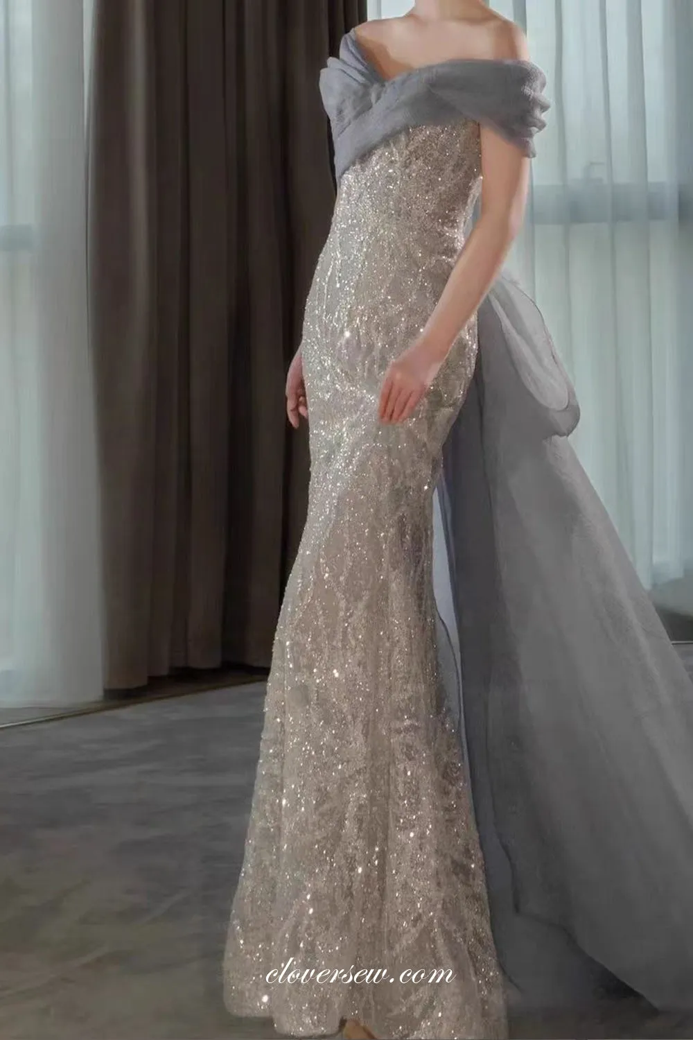 Ice Blue Sparkly Beading Tulle Mermaid Stunning Evening Dresses, CP0848