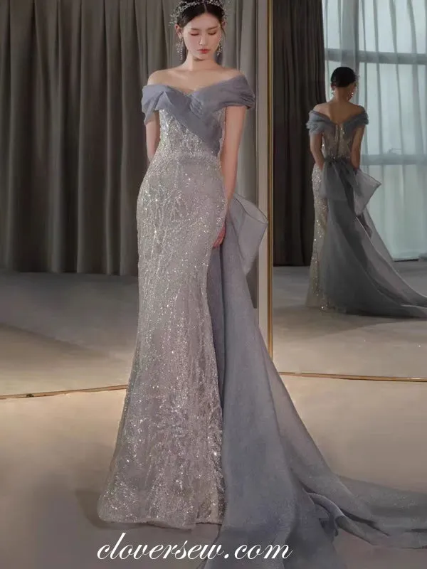 Ice Blue Sparkly Beading Tulle Mermaid Stunning Evening Dresses, CP0848