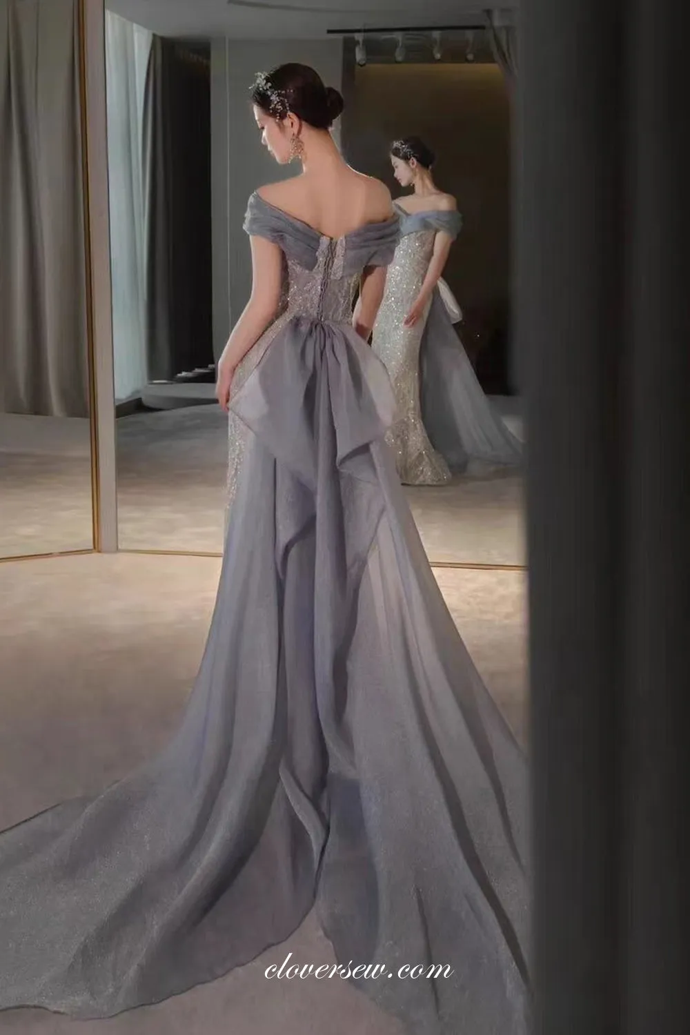 Ice Blue Sparkly Beading Tulle Mermaid Stunning Evening Dresses, CP0848