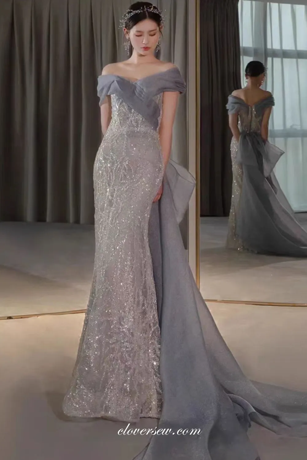 Ice Blue Sparkly Beading Tulle Mermaid Stunning Evening Dresses, CP0848