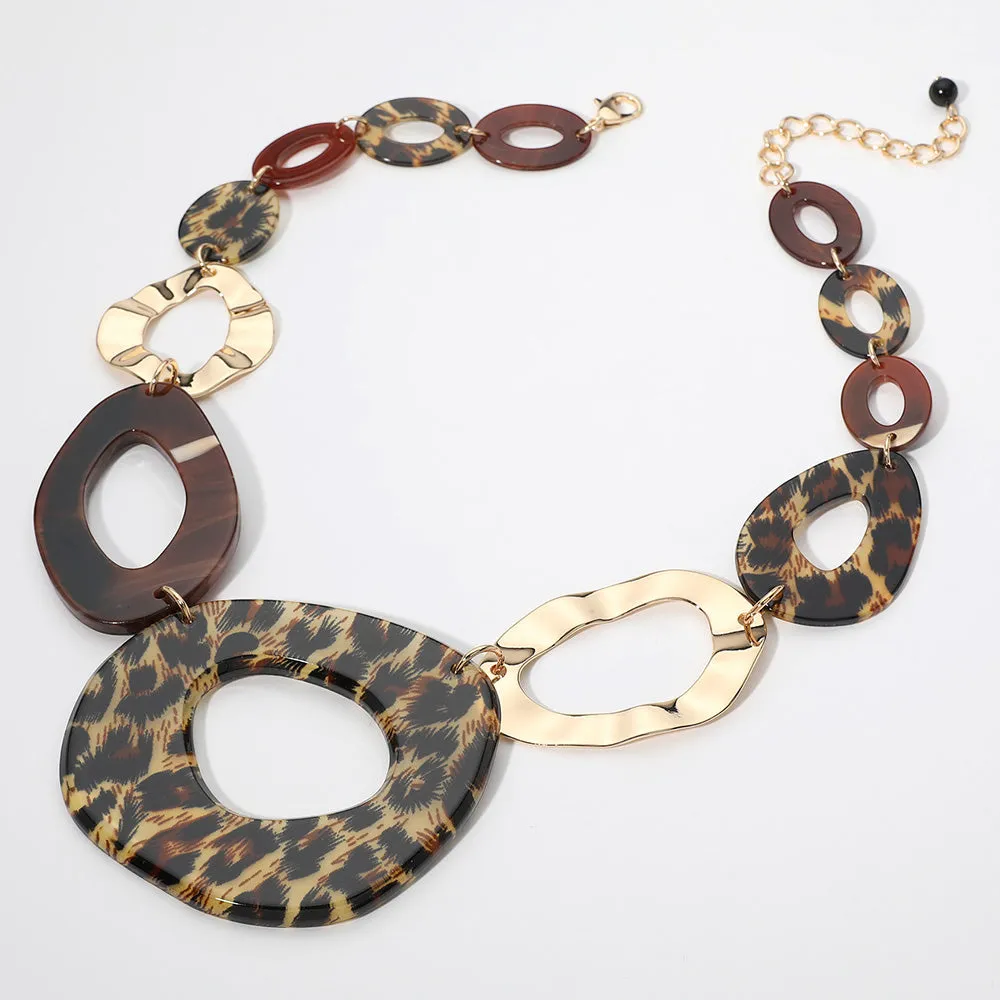 iLLASPARKZ Leopard Celluloid Acetate Metal Open Abstract Oval Link Statement Necklace