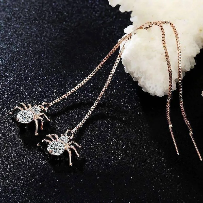 Itsy Bitsy Spider Swiss CZ Thread Earrings in 18k Rose Gold For Woman