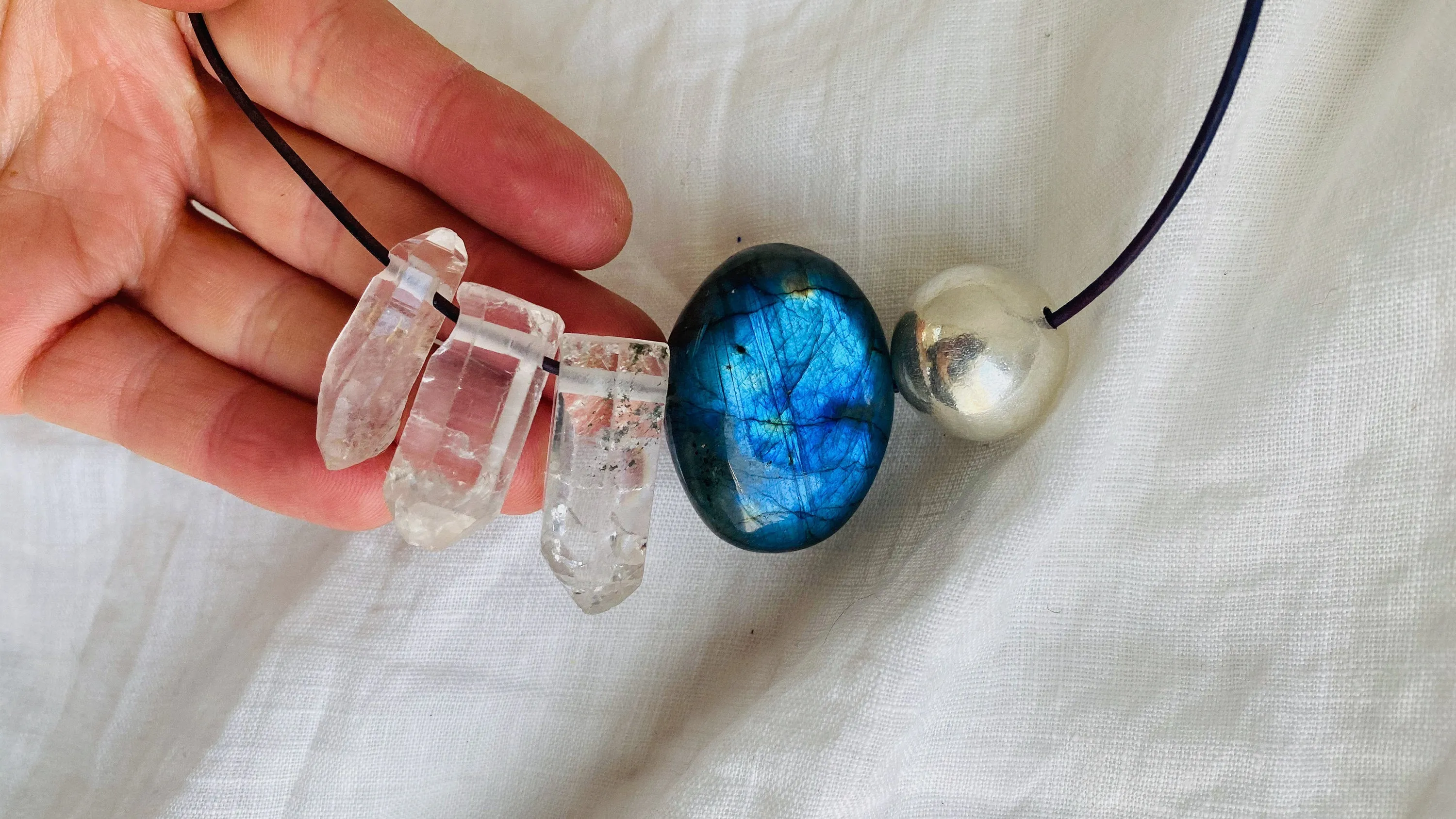 Labradorite, Quartz Crystal and Silver Pendant Necklace.