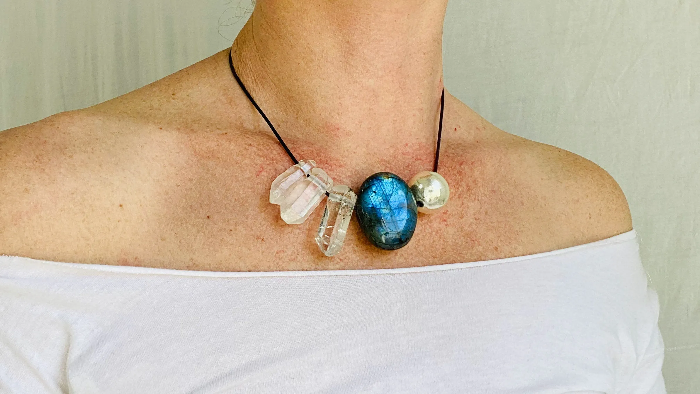 Labradorite, Quartz Crystal and Silver Pendant Necklace.