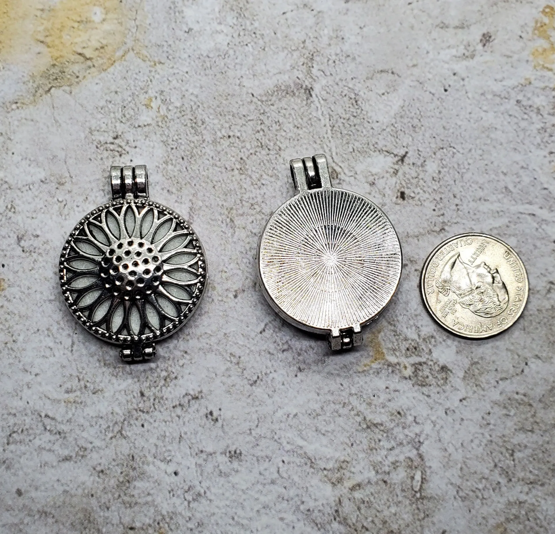 Large Silver Sunflower Essential Oil Diffuser Locket Charms (2) - L1136