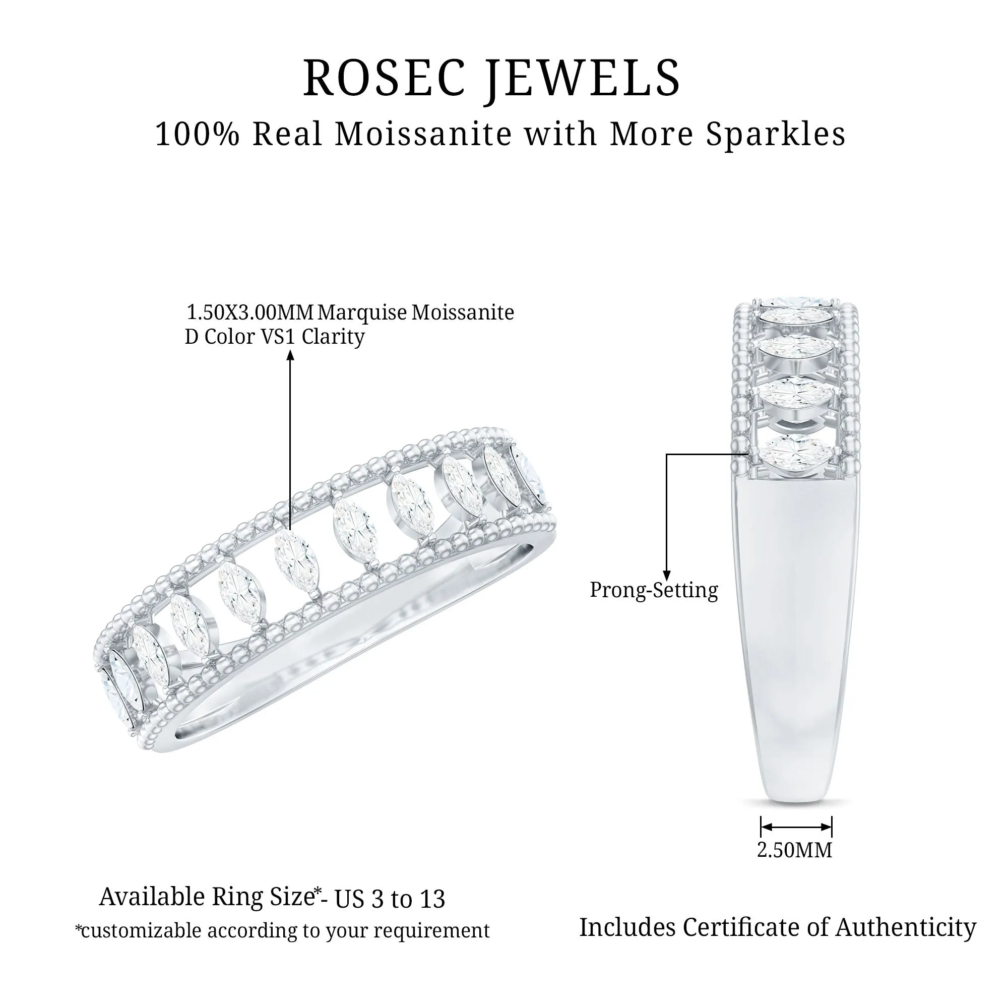 Marquise Moissanite Half Eternity Band Ring
