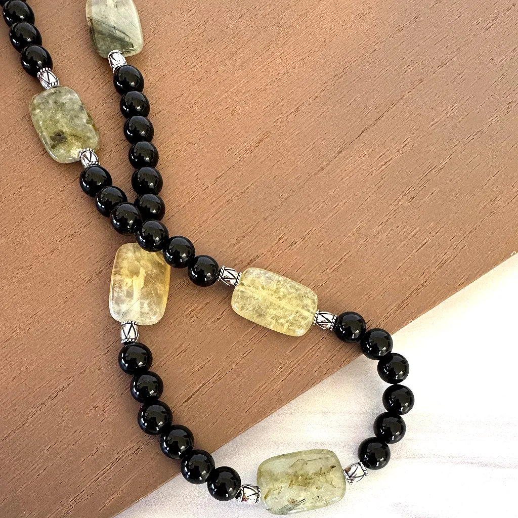 Mens Black Onyx and Prehnite Beaded Necklace