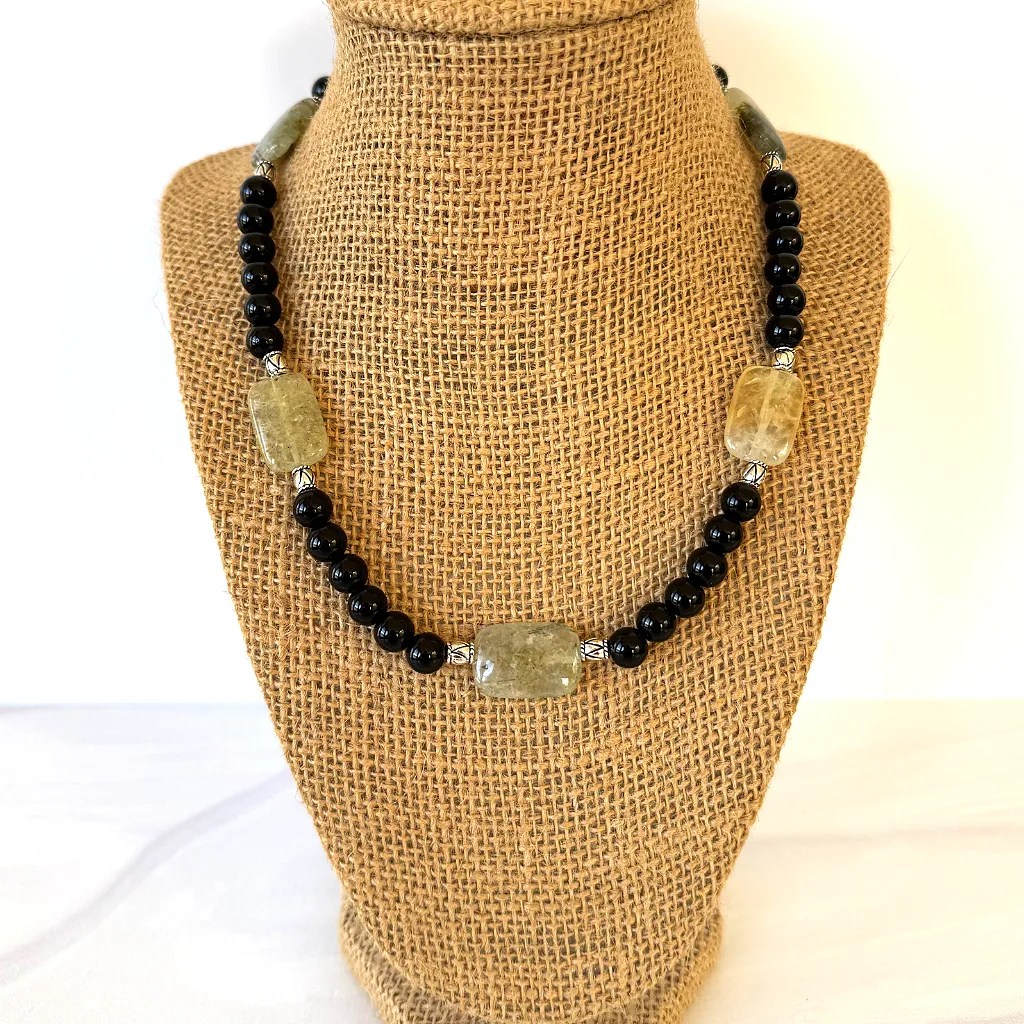 Mens Black Onyx and Prehnite Beaded Necklace