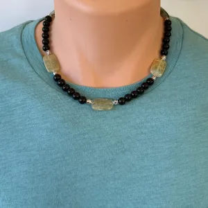 Mens Black Onyx and Prehnite Beaded Necklace