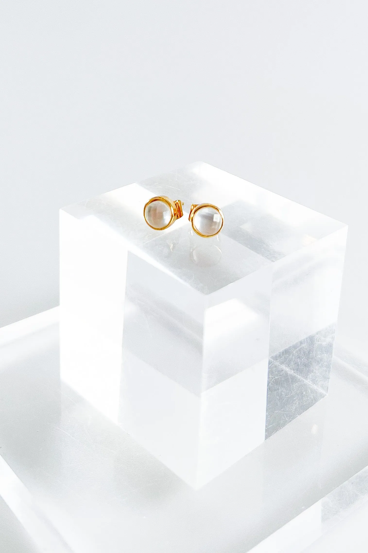 Mini Round Stud Earrings - White Opal