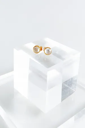 Mini Round Stud Earrings - White Opal