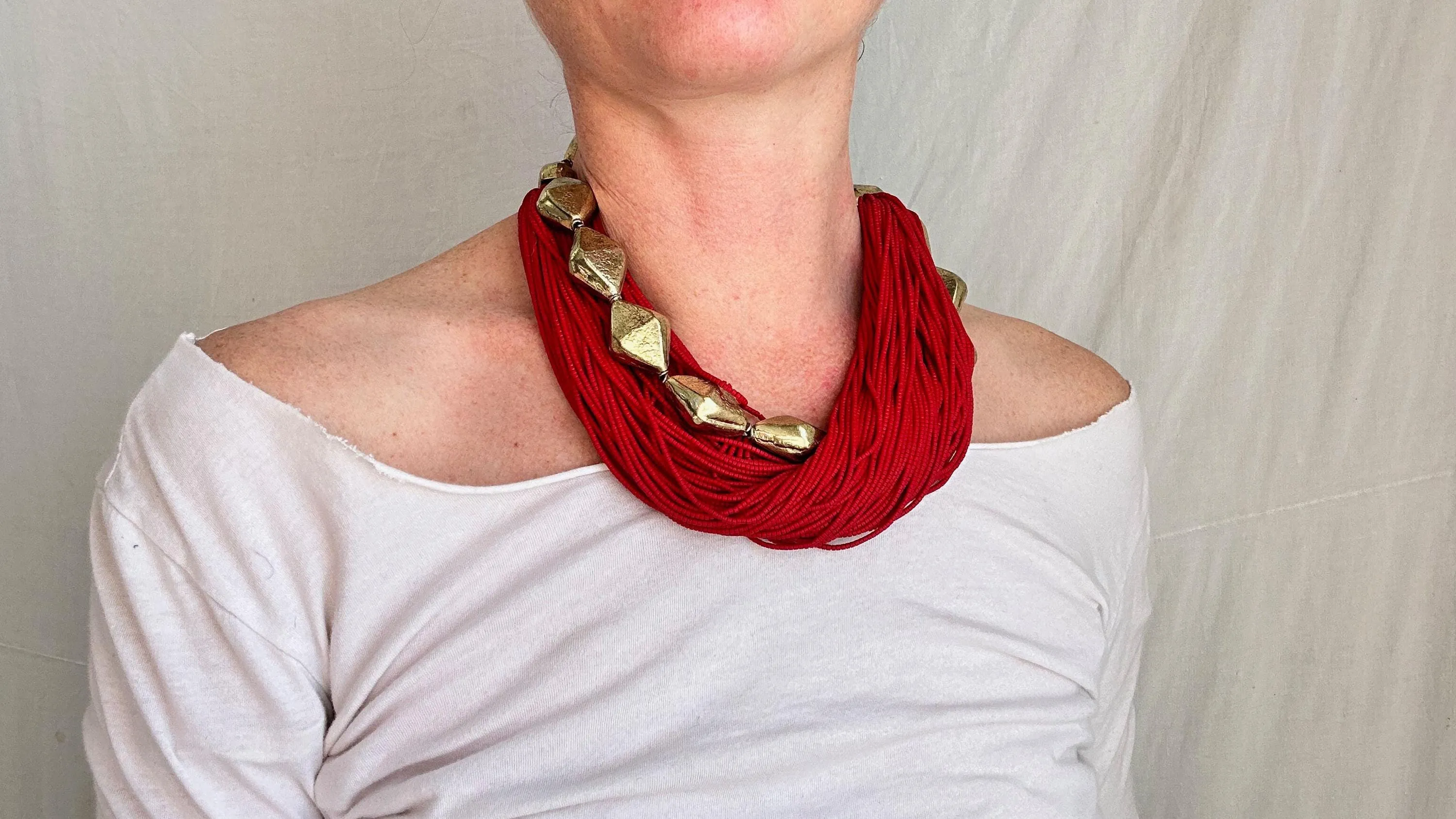 Multi-Strand Necklace. Glass and Handmade Brass Beads. Ghana.