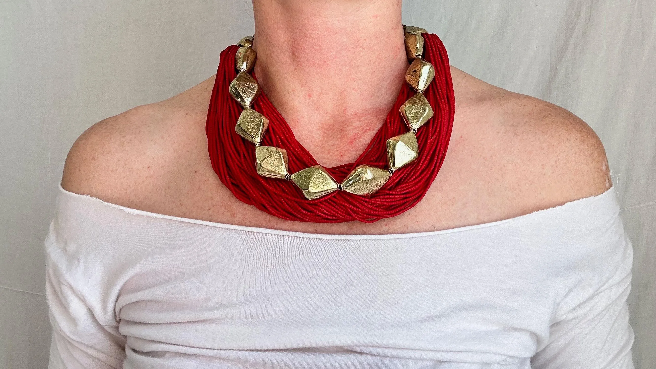 Multi-Strand Necklace. Glass and Handmade Brass Beads. Ghana.