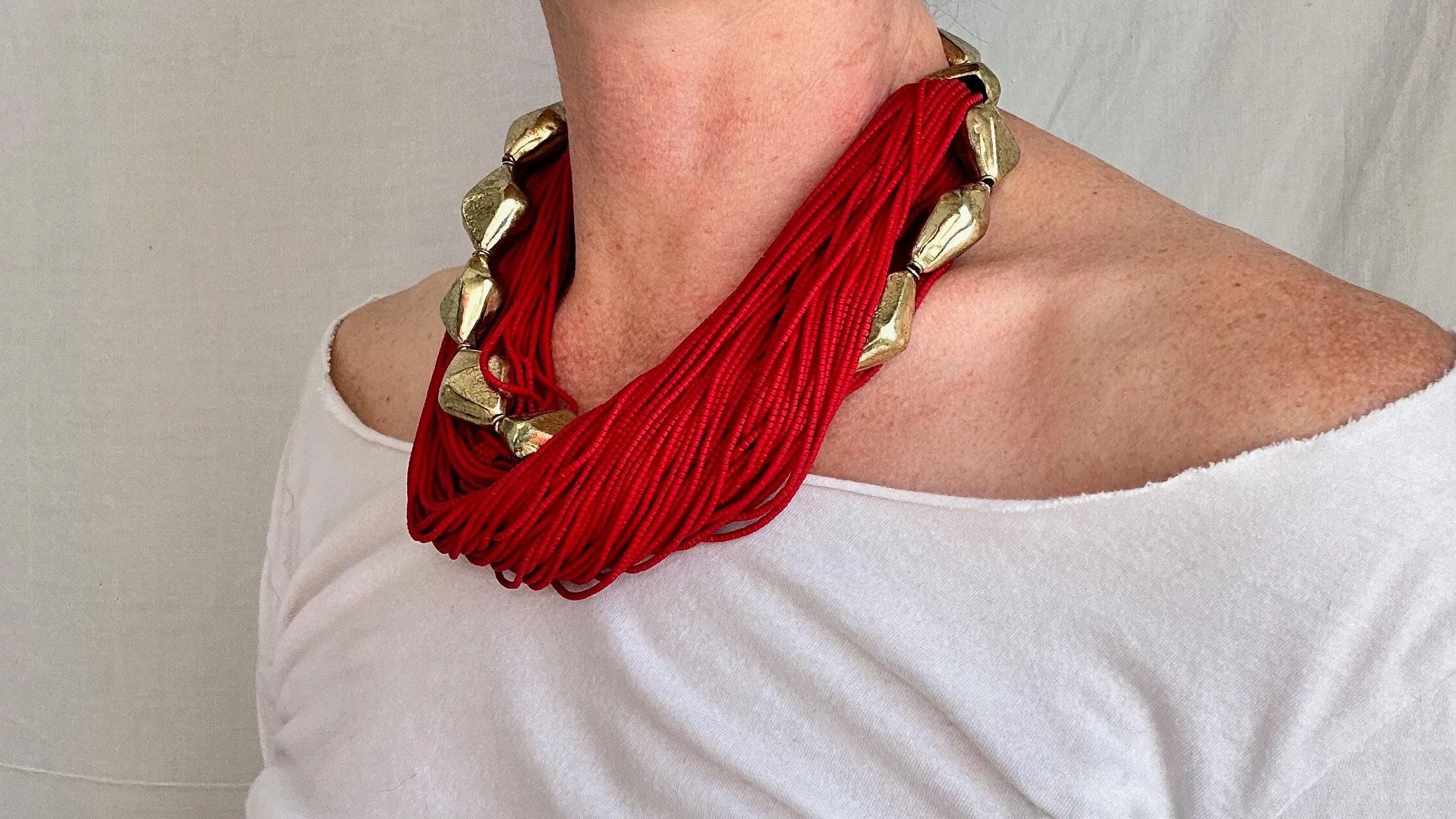 Multi-Strand Necklace. Glass and Handmade Brass Beads. Ghana.