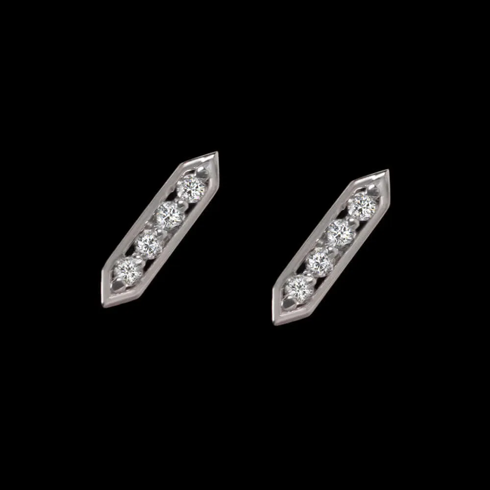 NATURAL DIAMOND STUD BAR EARRINGS MINIMALIST DAINTY 14K WHITE GOLD HEXAGON SMALL