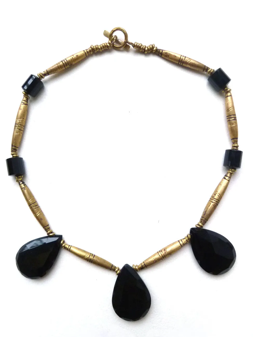 Necklace Vintage African Brass And Faceted Onyx