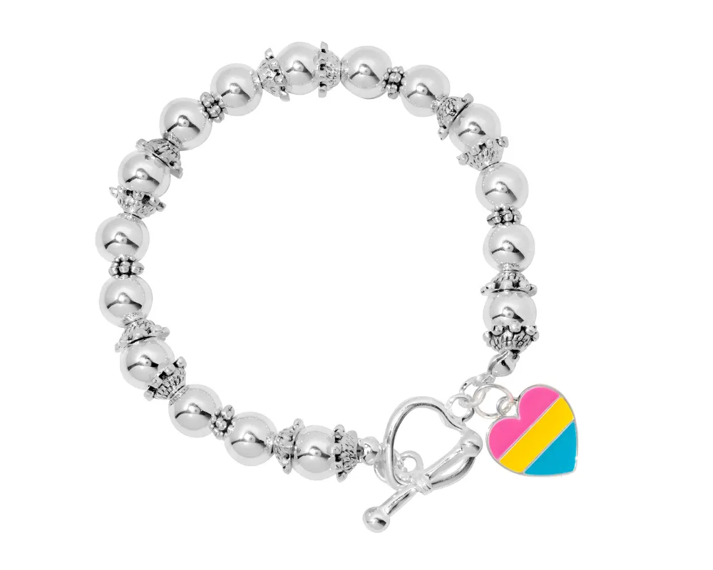 Pansexual Flag Heart Silver Beaded Bracelets