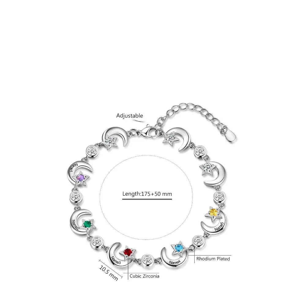 Personalized 6 Birthstone Star Moon Chain Bracelets For Women