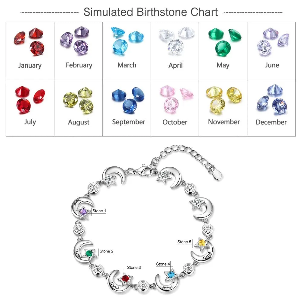 Personalized 6 Birthstone Star Moon Chain Bracelets For Women