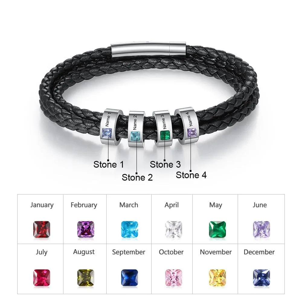 Personalized Stainless Steel Black Leather Bracelet with a 1-8 Names and Birthstones