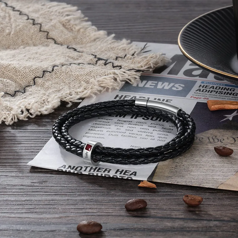 Personalized Stainless Steel Black Leather Bracelet with a 1-8 Names and Birthstones