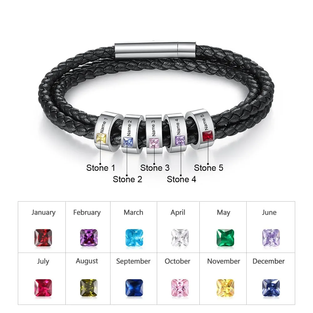 Personalized Stainless Steel Black Leather Bracelet with a 1-8 Names and Birthstones