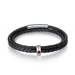 Personalized Stainless Steel Black Leather Bracelet with a 1-8 Names and Birthstones