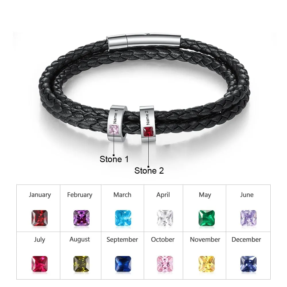Personalized Stainless Steel Black Leather Bracelet with a 1-8 Names and Birthstones