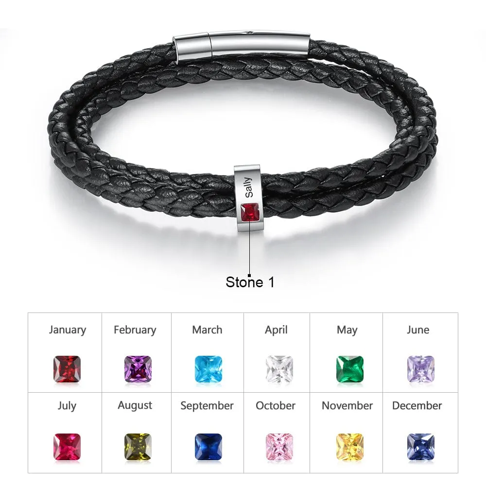 Personalized Stainless Steel Black Leather Bracelet with a 1-8 Names and Birthstones