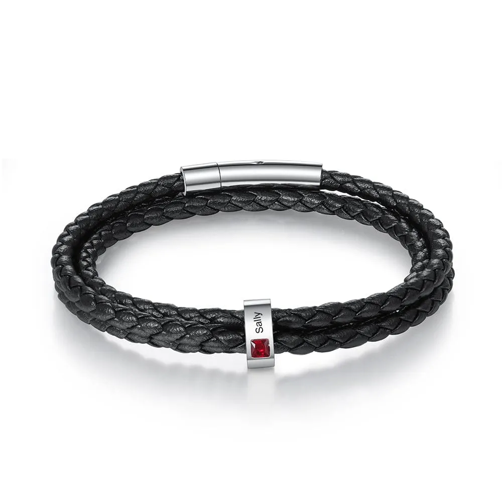 Personalized Stainless Steel Black Leather Bracelet with a 1-8 Names and Birthstones