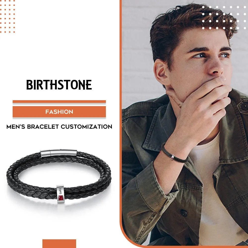Personalized Stainless Steel Black Leather Bracelet with a 1-8 Names and Birthstones