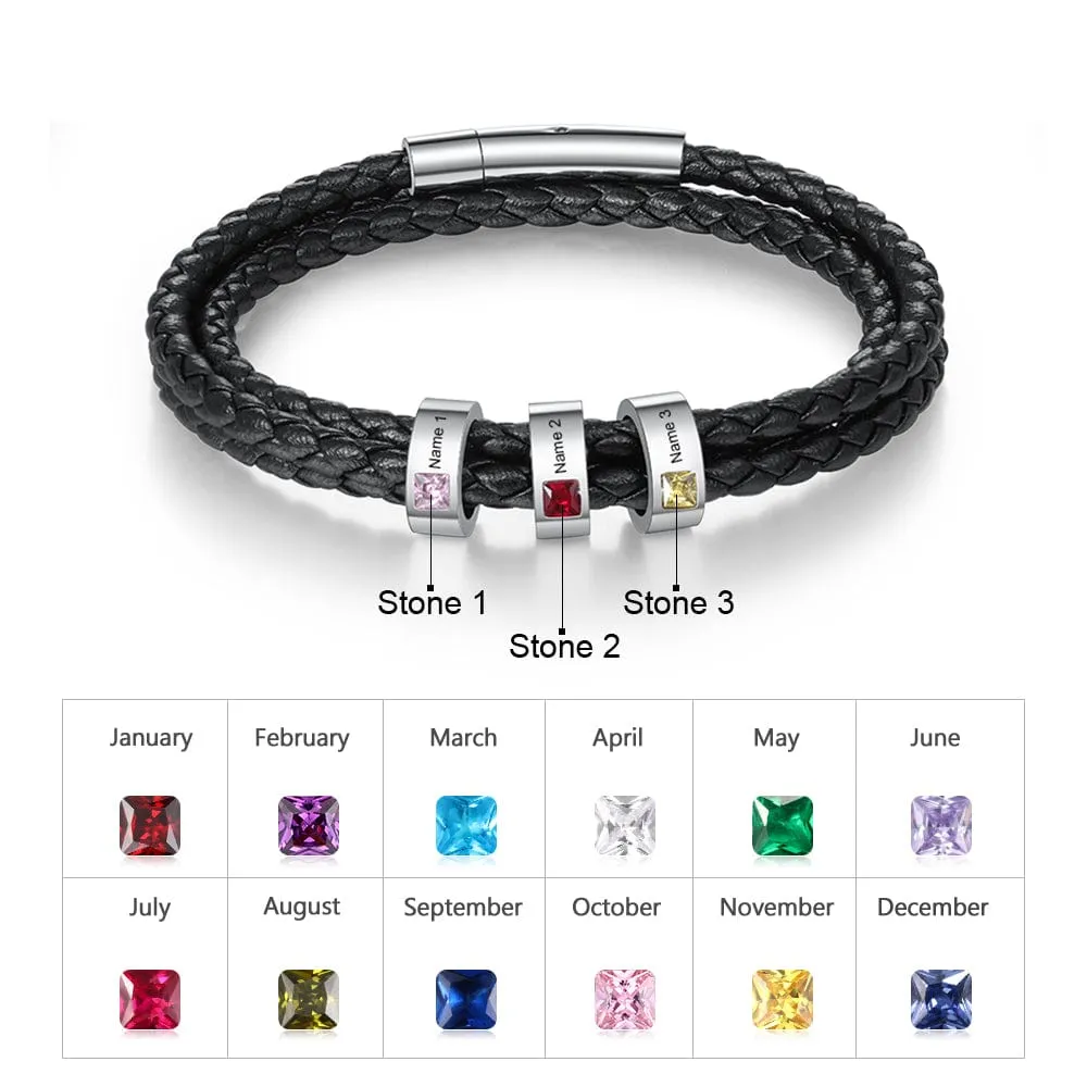 Personalized Stainless Steel Black Leather Bracelet with a 1-8 Names and Birthstones