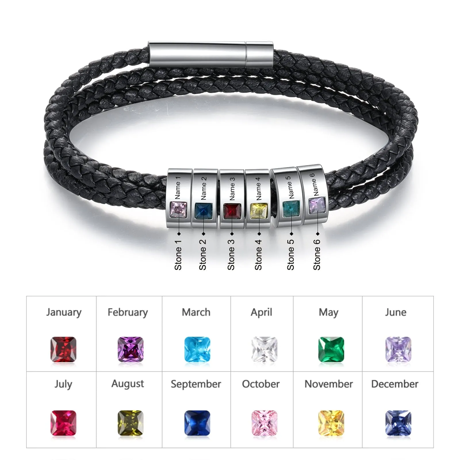 Personalized Stainless Steel Black Leather Bracelet with a 1-8 Names and Birthstones