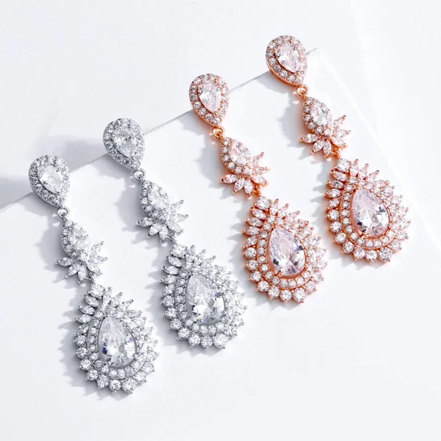 "Piper" - Cubic Zirconia Bridal Earrings - Available in Rose Gold and Silver